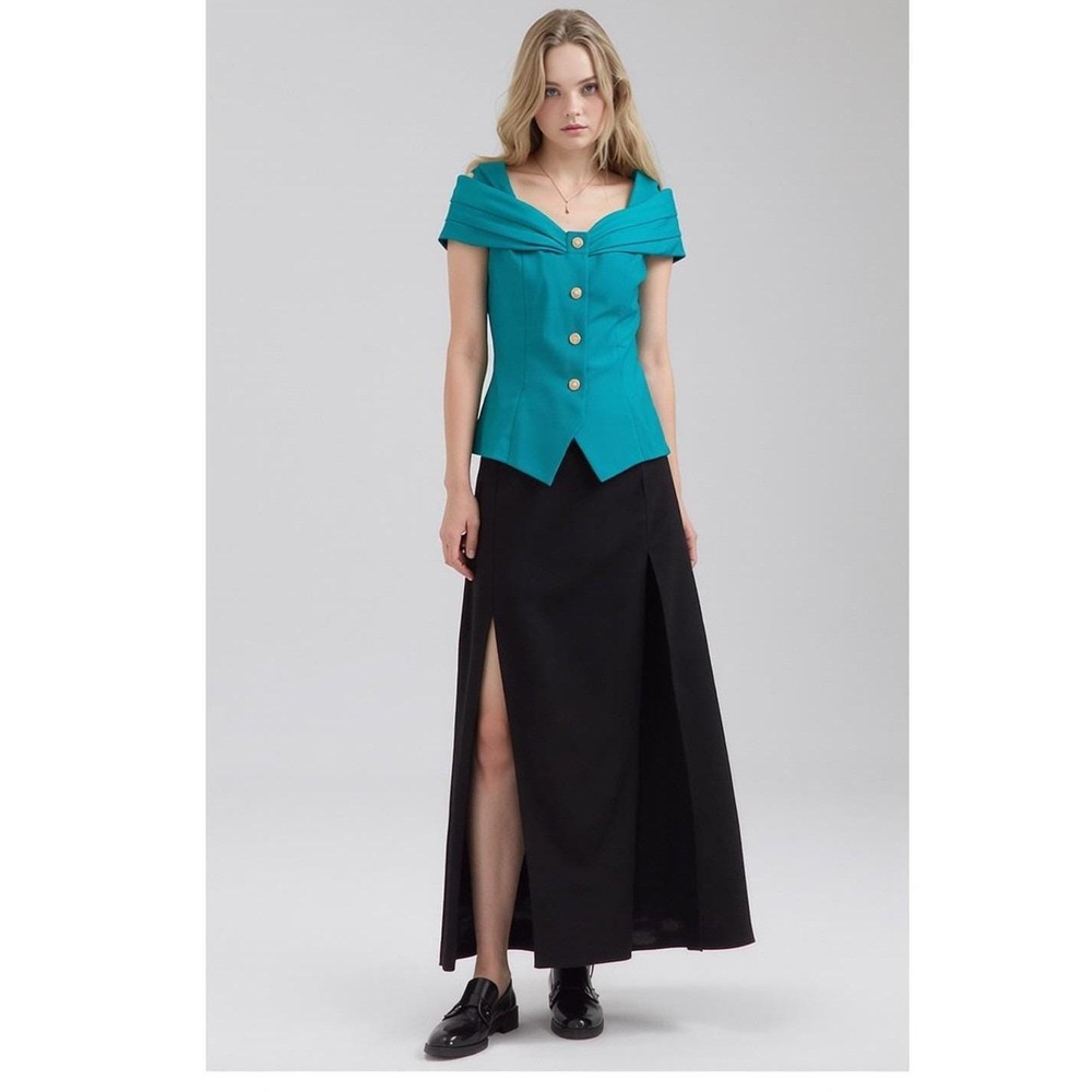 Vintage 80s Teal Glam Vest Top L Ruched Shoulder Rhinestone Button‎ Office Siren